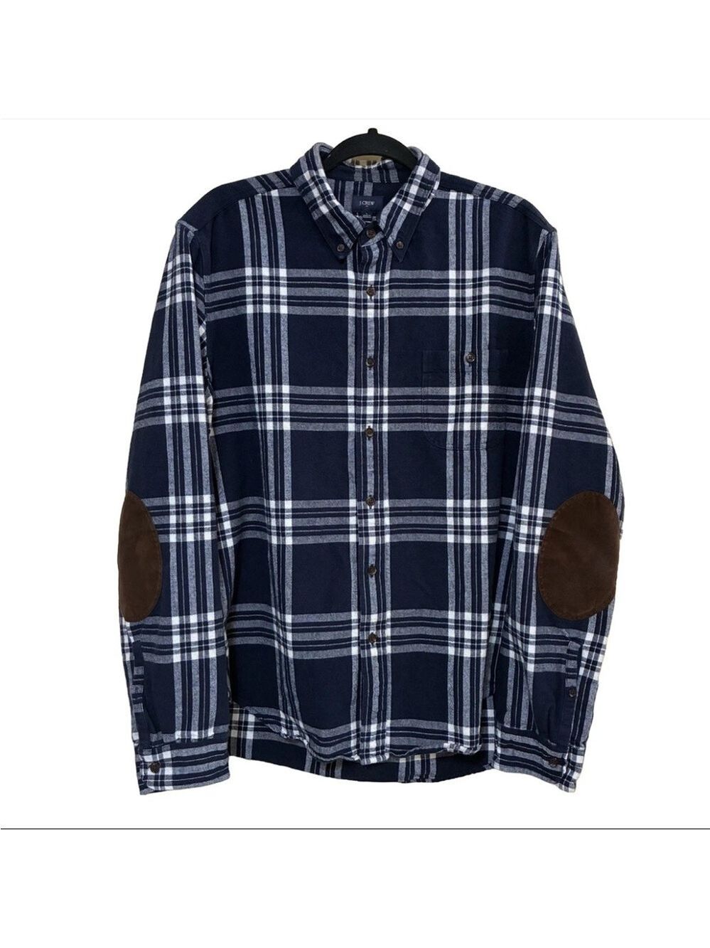 J.Crew Plaid Button Down Flannel Men’s L Navy White Elbow Patch Long Sleeve